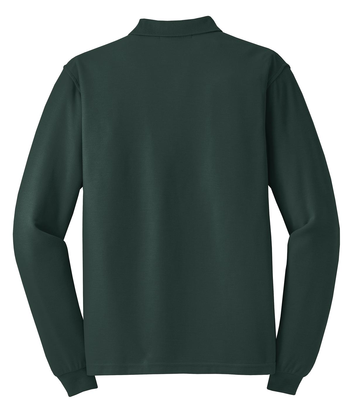 Rear View of Dark Green Port Authority Silk Touch Long Sleeve Polo. K500LS