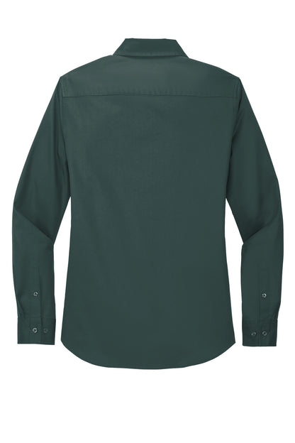 Rear View of Dark Green/Nvy Port Authority Women's Long Sleeve Easy Care Shirt. L608