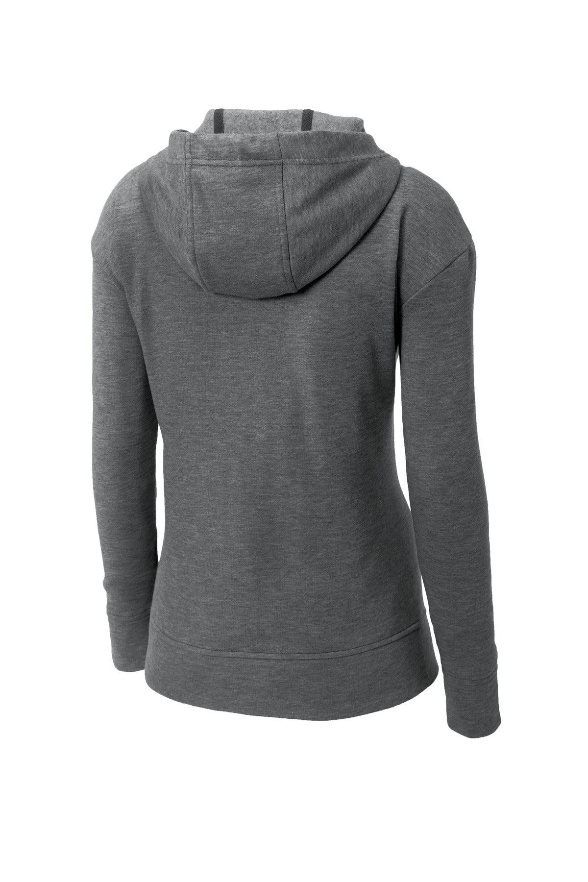 Rear View of Dark Grey Hthr Sport-Tek Women's PosiCharge Tri-Blend Wicking Fleece Full-Zip Hooded Jacket LST293