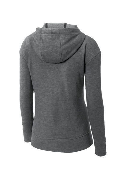 Rear View of Dark Grey Hthr Sport-Tek Women's PosiCharge Tri-Blend Wicking Fleece Full-Zip Hooded Jacket LST293