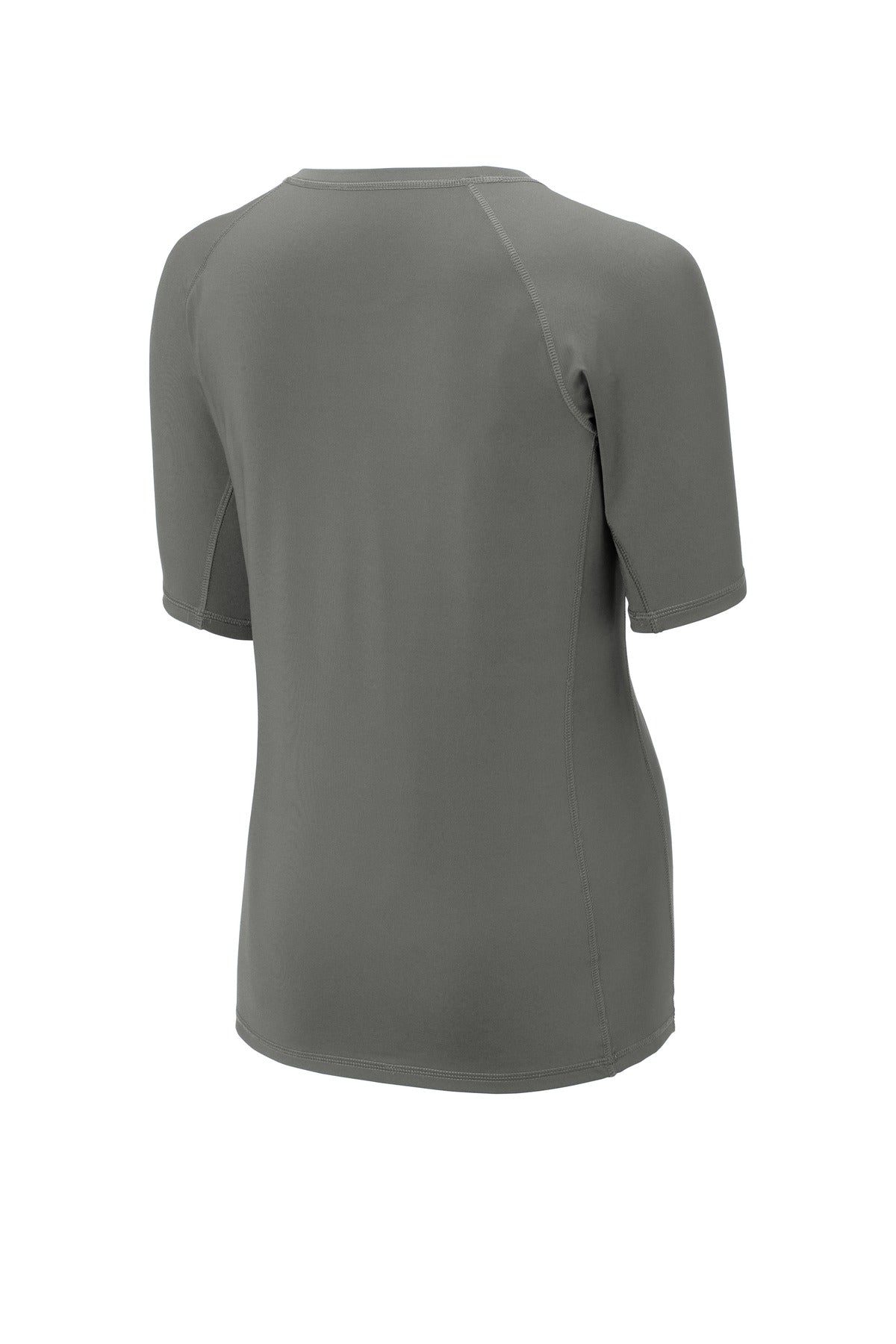 Rear View of Dark Smoke Gry Sport-Tek Women's Rashguard Tee. LST470