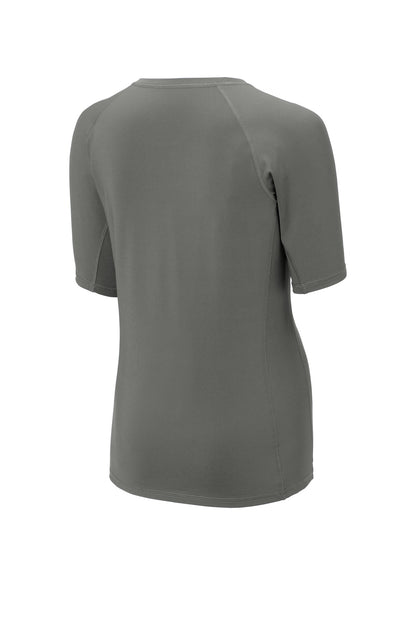 Rear View of Dark Smoke Gry Sport-Tek Women's Rashguard Tee. LST470