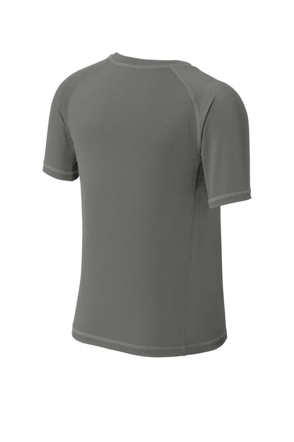 Rear View of Dark Smoke Gry Sport-Tek Youth Rashguard Tee. YST470