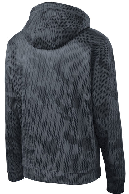 Rear View of Dark Smoke Gry Sport-Tek Youth Sport-Wick CamoHex Fleece Hooded Pullover. YST240