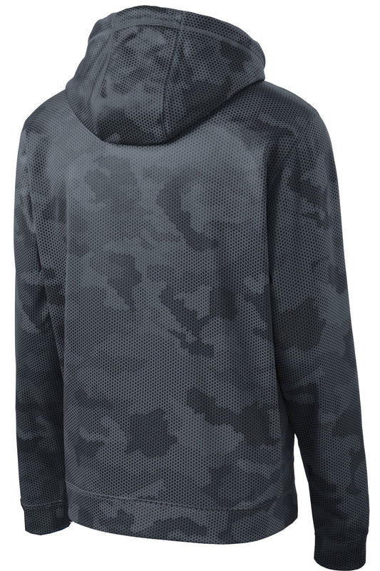 Rear View of Dark Smoke Gry Sport-Tek Youth Sport-Wick CamoHex Fleece Hooded Pullover. YST240