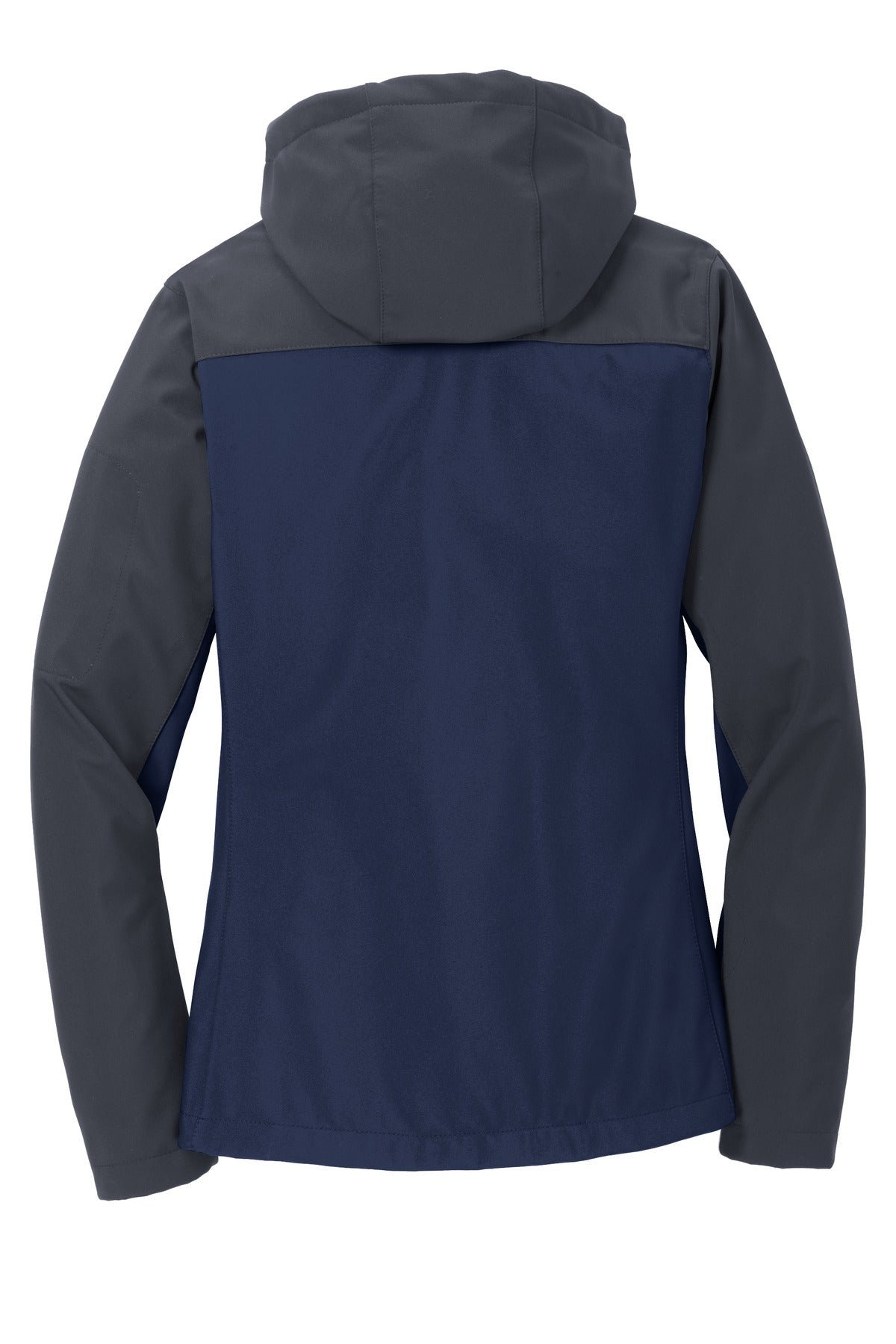 Rear View of DB Nvy/Bat Gry Port Authority Women's Hooded Core Soft Shell Jacket. L335