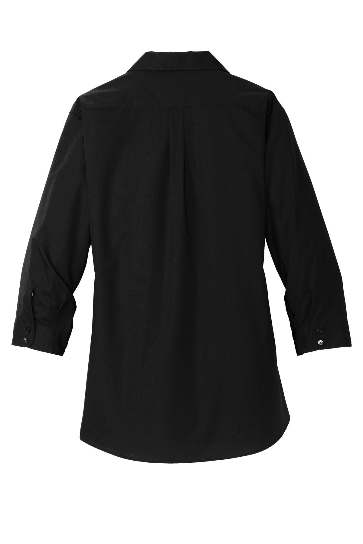 Rear View of Deep Black Port Authority Women's 3/4-Sleeve Carefree Poplin Shirt. LW102