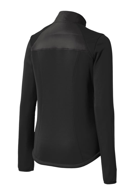 Rear View of Deep Black Port Authority Women's Hybrid Soft Shell Jacket. L787