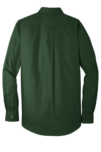 Rear View of Deep Forest Gn Port Authority Long Sleeve Carefree Poplin Shirt. W100