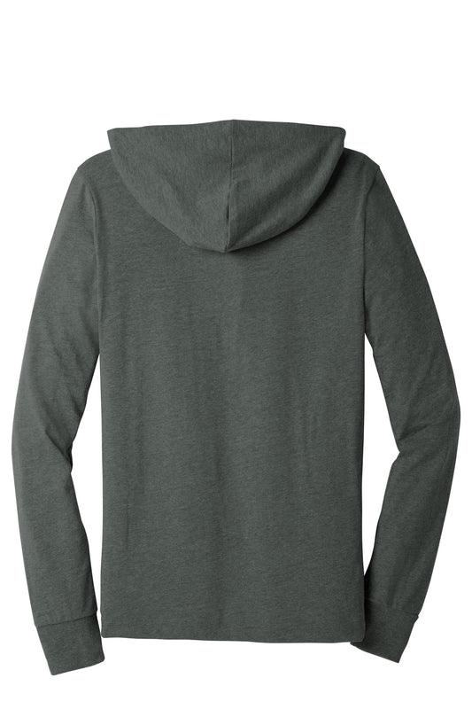Rear View of Deep Ht BELLA+CANVAS Unisex Jersey Long Sleeve Hoodie. BC3512