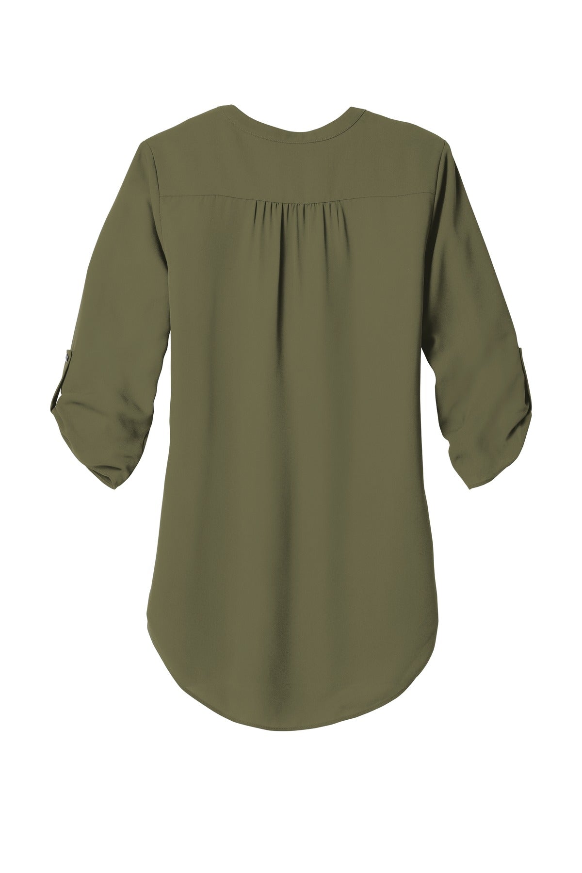 Rear View of Deep Olive Port Authority Women's 3/4-Sleeve Tunic Blouse. LW701