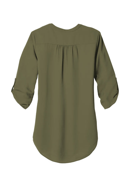 Rear View of Deep Olive Port Authority Women's 3/4-Sleeve Tunic Blouse. LW701