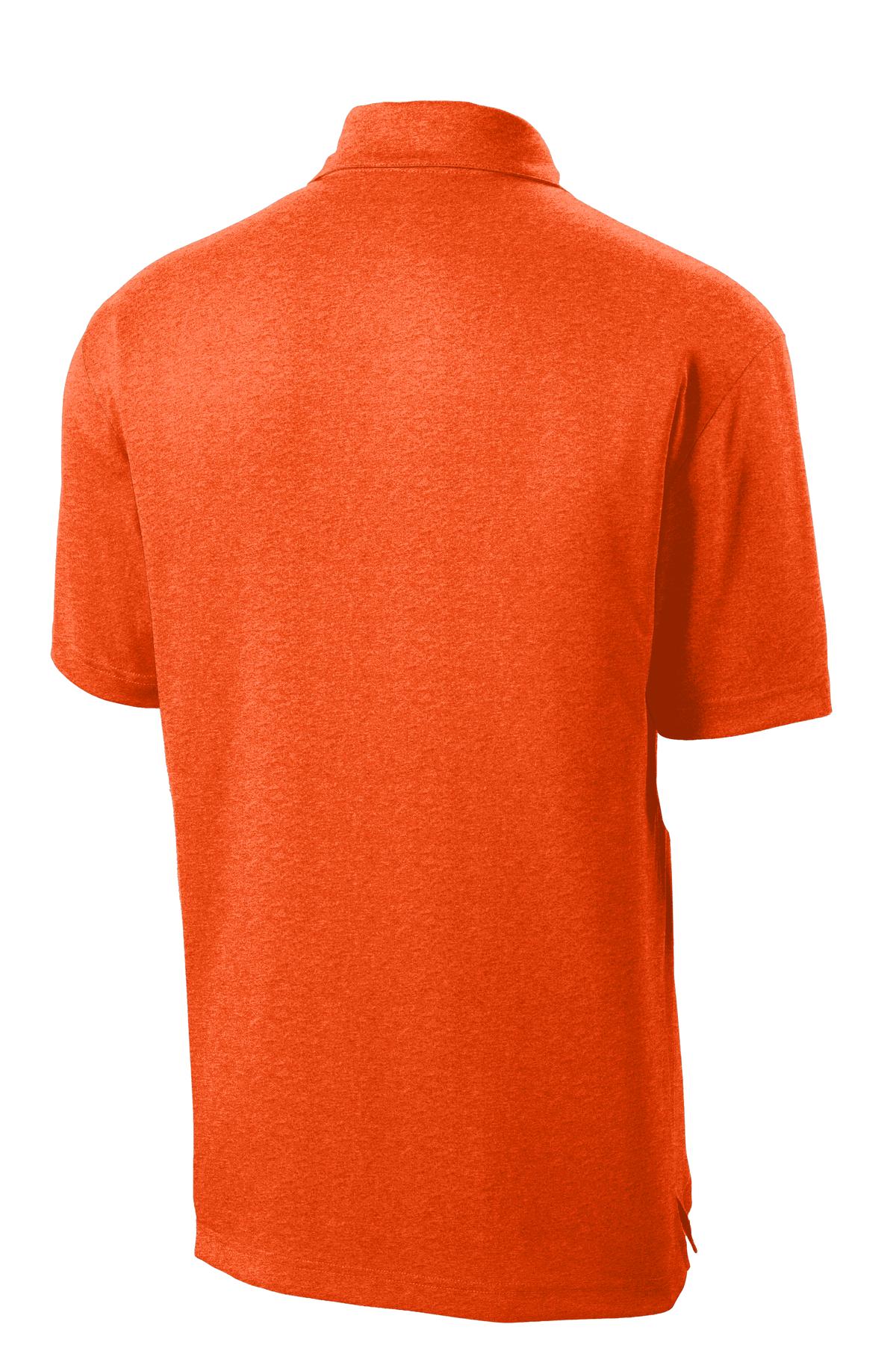 Rear View of Deep Orange HR Sport-Tek Heather Contender Polo. ST660