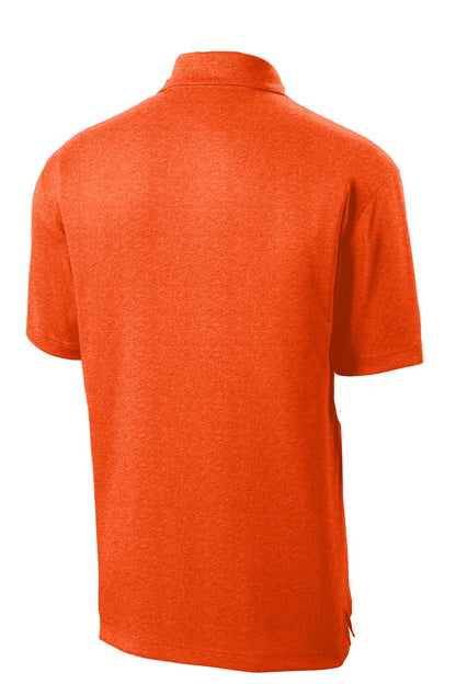 Rear View of Deep Orange HR Sport-Tek Heather Contender Polo. ST660