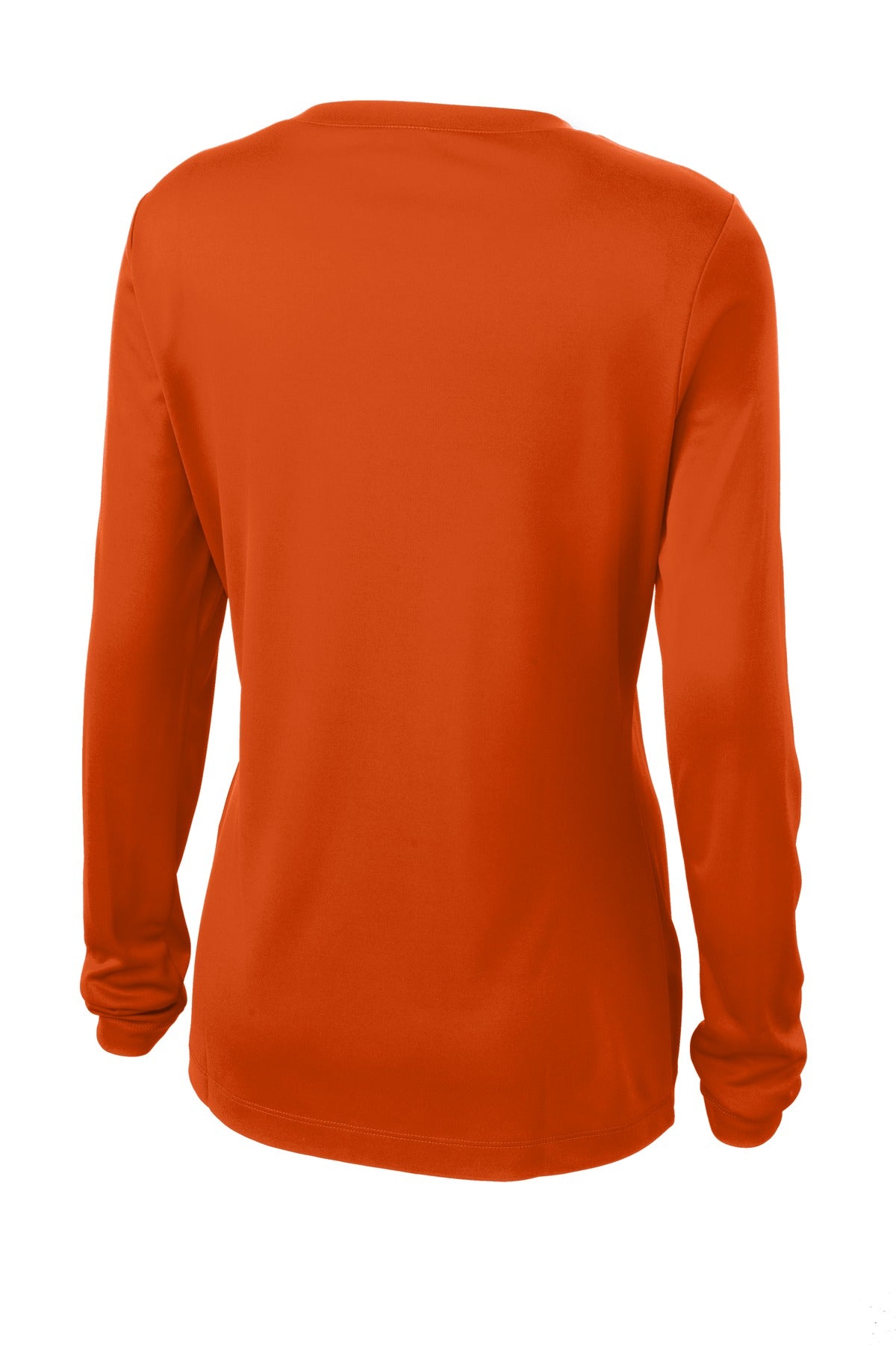 Rear View of Deep Orange Sport-Tek Women's Long Sleeve PosiCharge Competitor V-Neck Tee. LST353LS