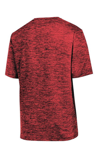 Rear View of Deep Red-Blk E Sport-Tek PosiCharge Electric Heather Tee. ST390