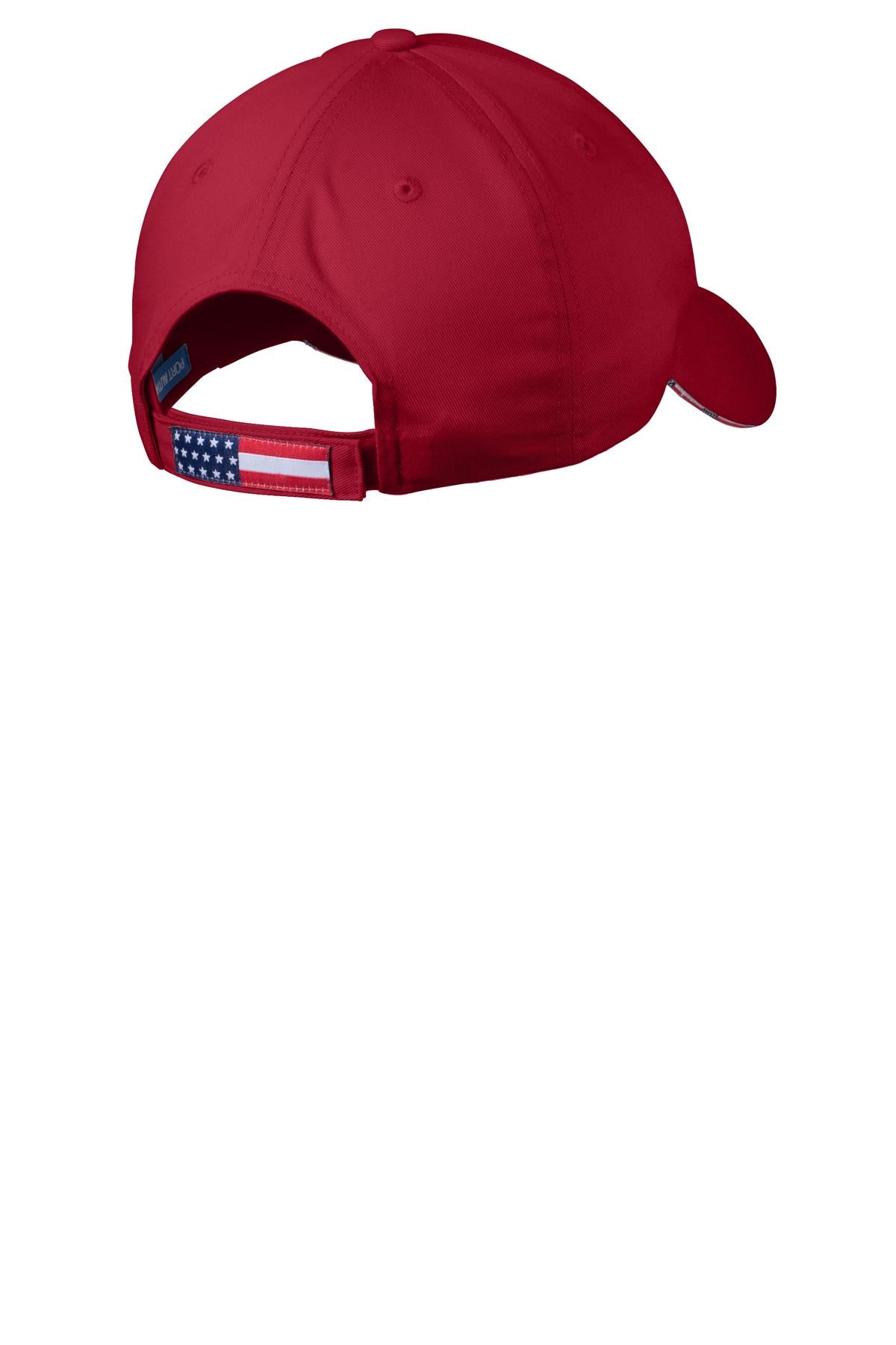 Rear View of Deep Red Port Authority Americana Flag Sandwich Cap. C829