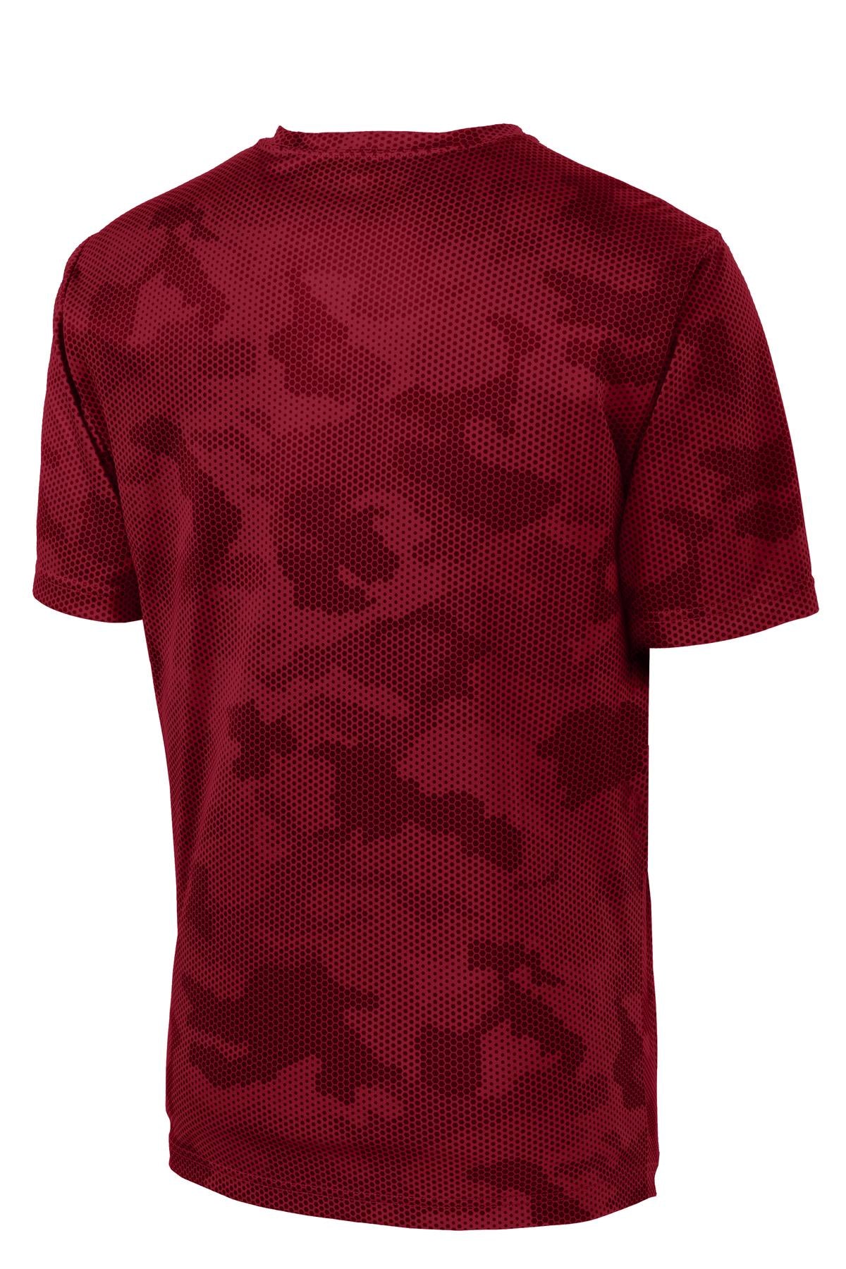 Rear View of Deep Red Sport-Tek CamoHex Tee. ST370