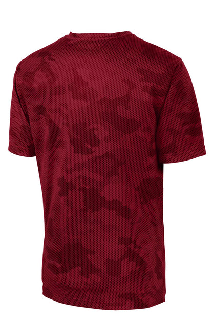 Rear View of Deep Red Sport-Tek CamoHex Tee. ST370