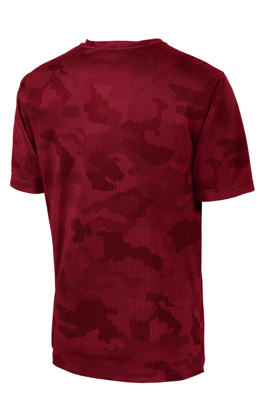 Rear View of Deep Red Sport-Tek CamoHex Tee. ST370