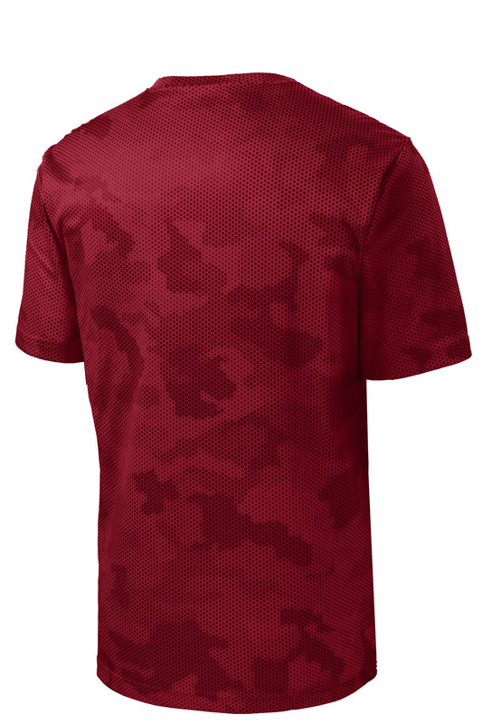 Rear View of Deep Red Sport-Tek Youth CamoHex Tee. YST370