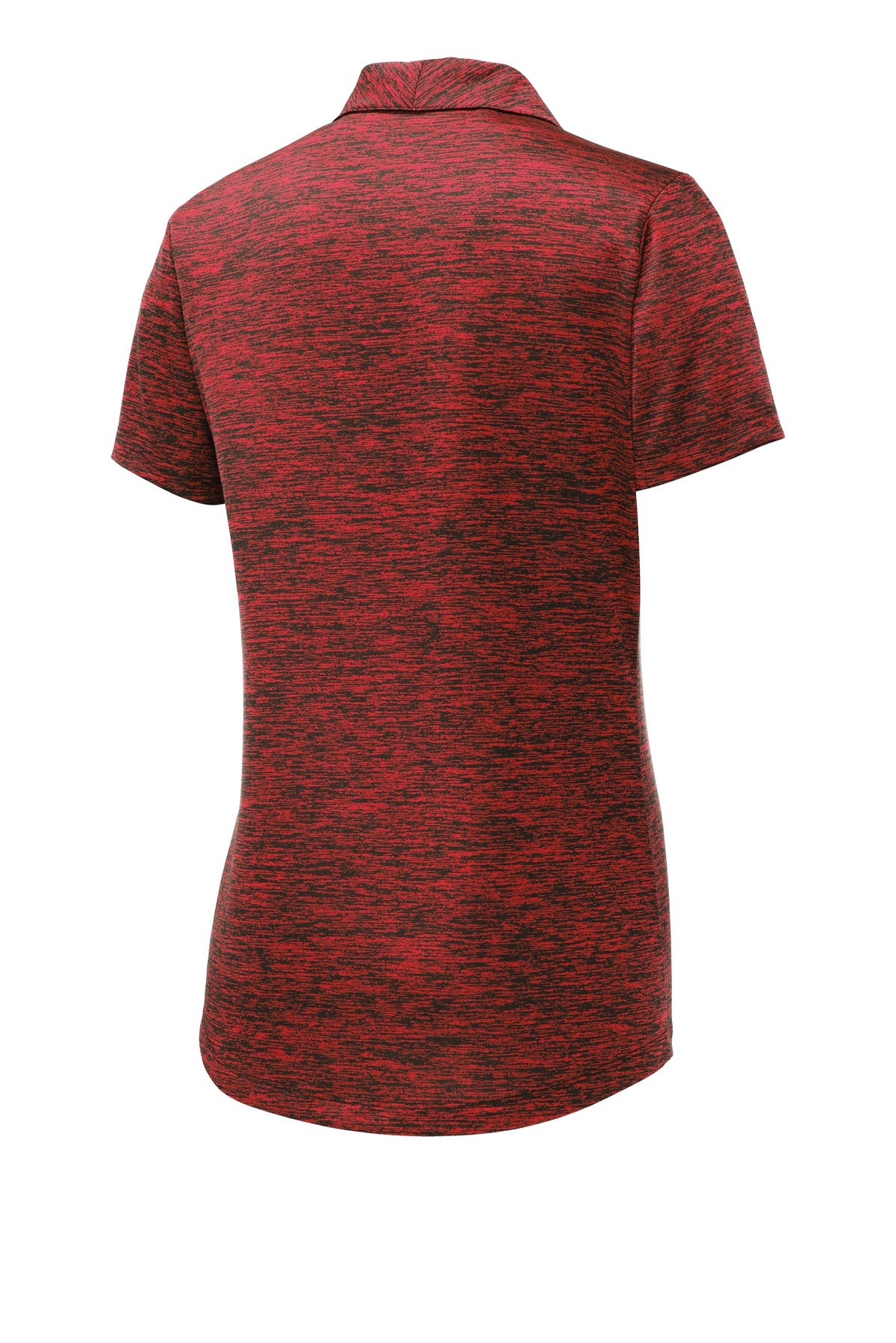 Rear View of Deep Red/Blk E Sport-Tek Women's PosiCharge Electric Heather Polo. LST590
