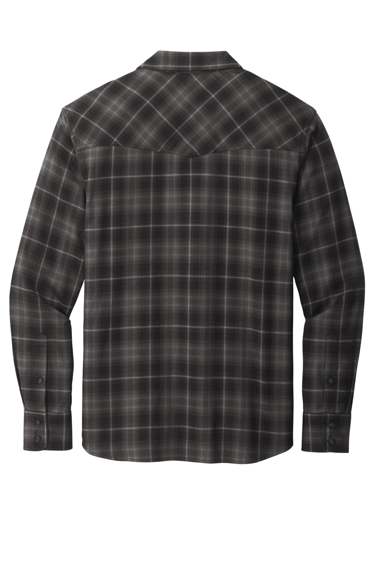 Rear View of DeepBlack Port Authority Long Sleeve Ombre Plaid Shirt W672