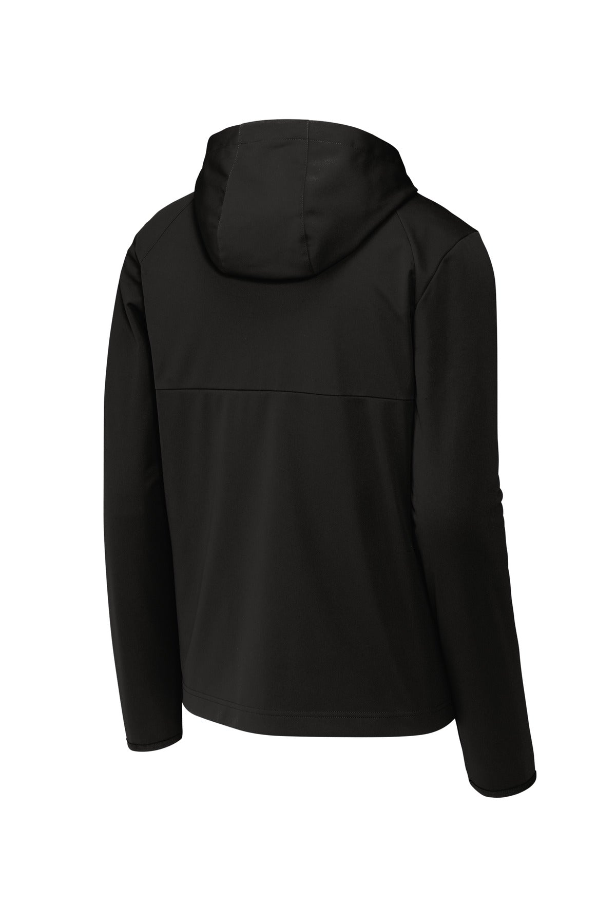 Rear View of DeepBlack Sport-Tek Hooded Soft Shell Jacket ST980