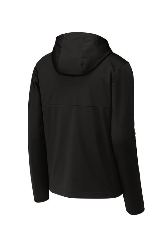 Rear View of DeepBlack Sport-Tek Hooded Soft Shell Jacket ST980