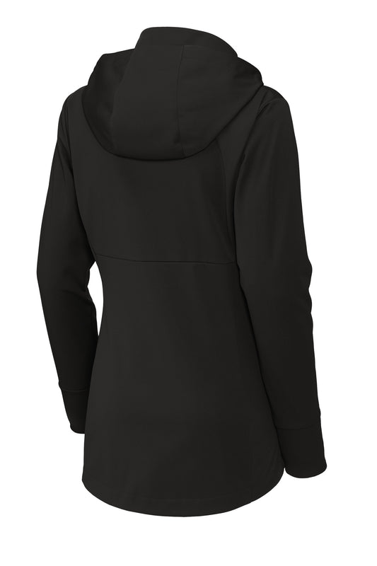 Rear View of DeepBlack Sport-Tek Women's Hooded Soft Shell Jacket LST980
