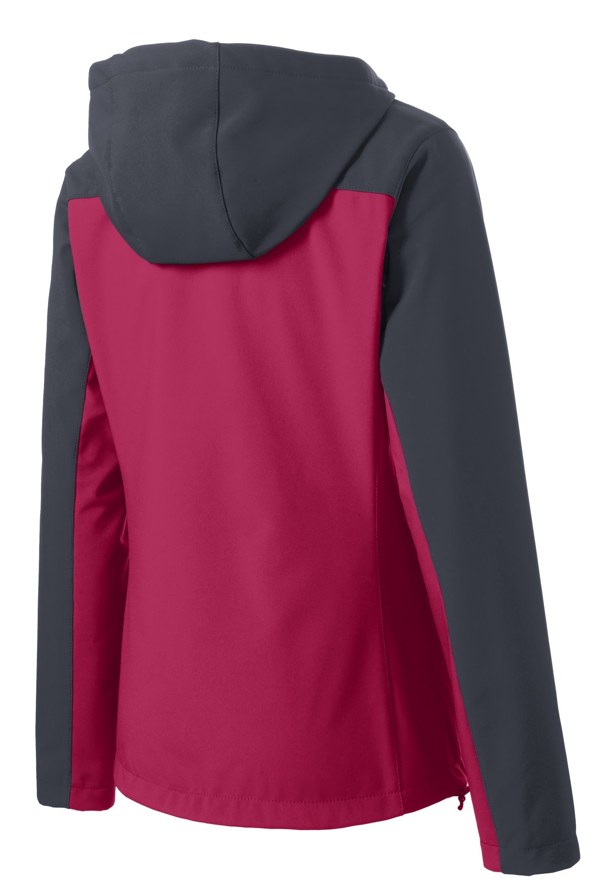 Rear View of Dk Fchs/Bat Gy Port Authority Women's Hooded Core Soft Shell Jacket. L335