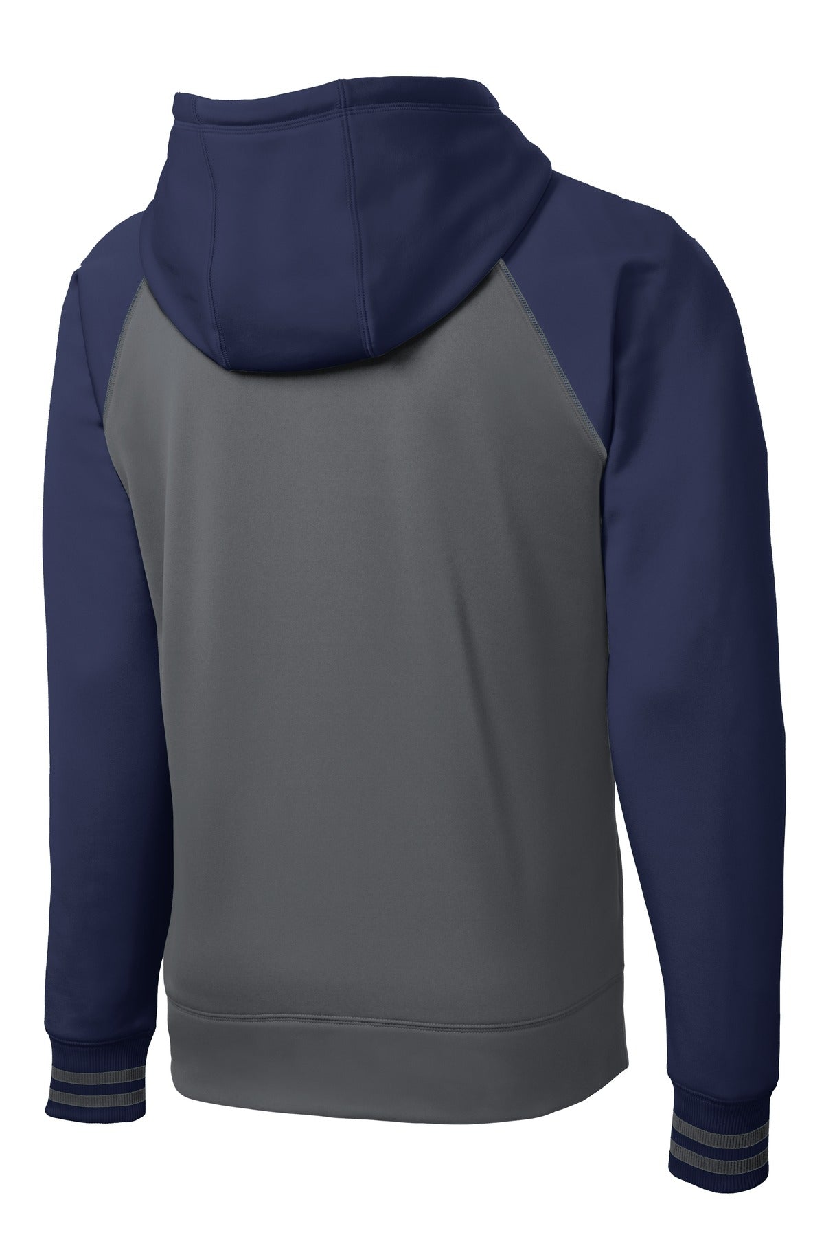 Rear View of Dk Smk Gry/Nvy Sport-Tek Sport-Wick Varsity Fleece Full-Zip Hooded Jacket. ST236