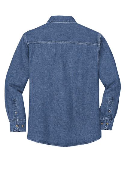 Rear View of DkBlueStnwshd Port Authority Heavyweight Denim Shirt. S100