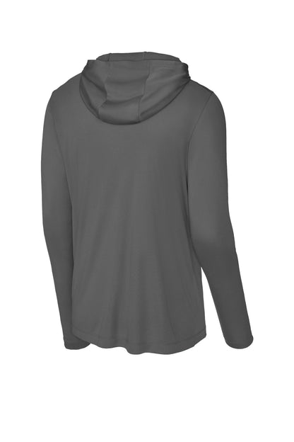Rear View of DkSmkGy Sport-Tek Posi-UV Pro Long Sleeve Hoodie ST420LSH