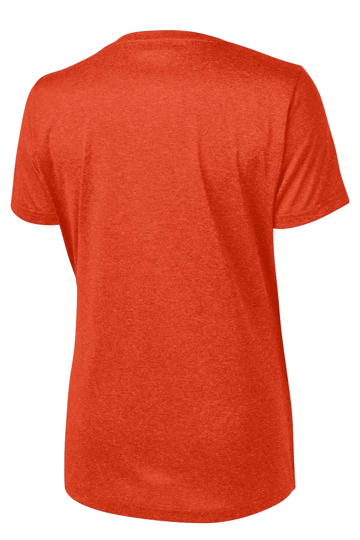 Rear View of Dp Orange Hthr Sport-Tek Women's Heather Contender Scoop Neck Tee. LST360
