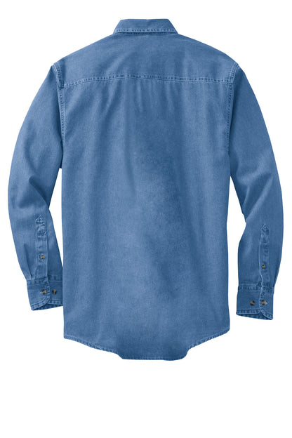 Rear View of Faded Denim Port Authority Long Sleeve Denim Shirt. S600