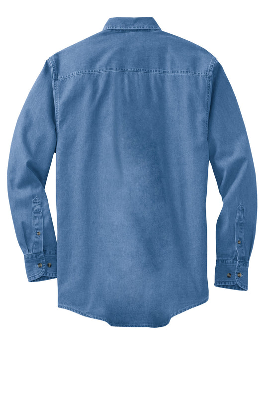 Rear View of Faded Denim Port Authority Long Sleeve Denim Shirt. S600