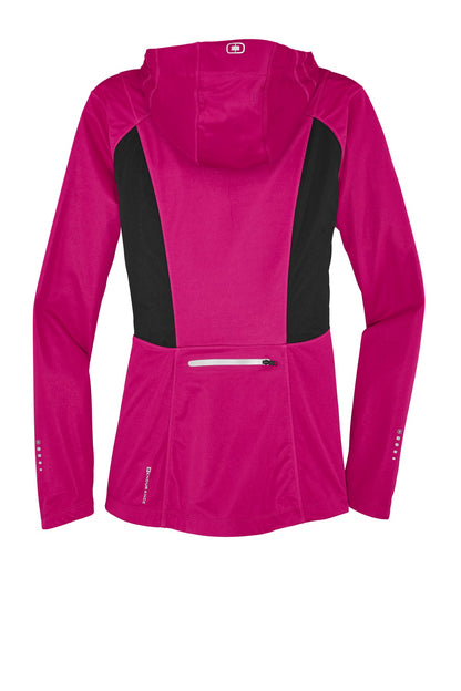 Rear View of Flush Pnk/Bktp OGIO Women's Pivot Soft Shell. LOE721