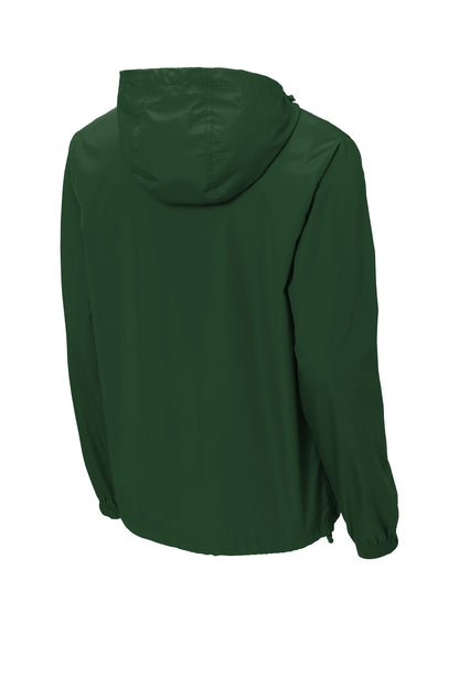 Rear View of Forest Green Sport-Tek Packable Anorak. JST66
