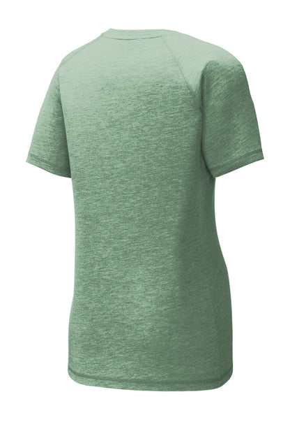 Rear View of Forest Grn Hth Sport-Tek Women's PosiCharge Tri-Blend Wicking Scoop Neck Raglan Tee. LST400