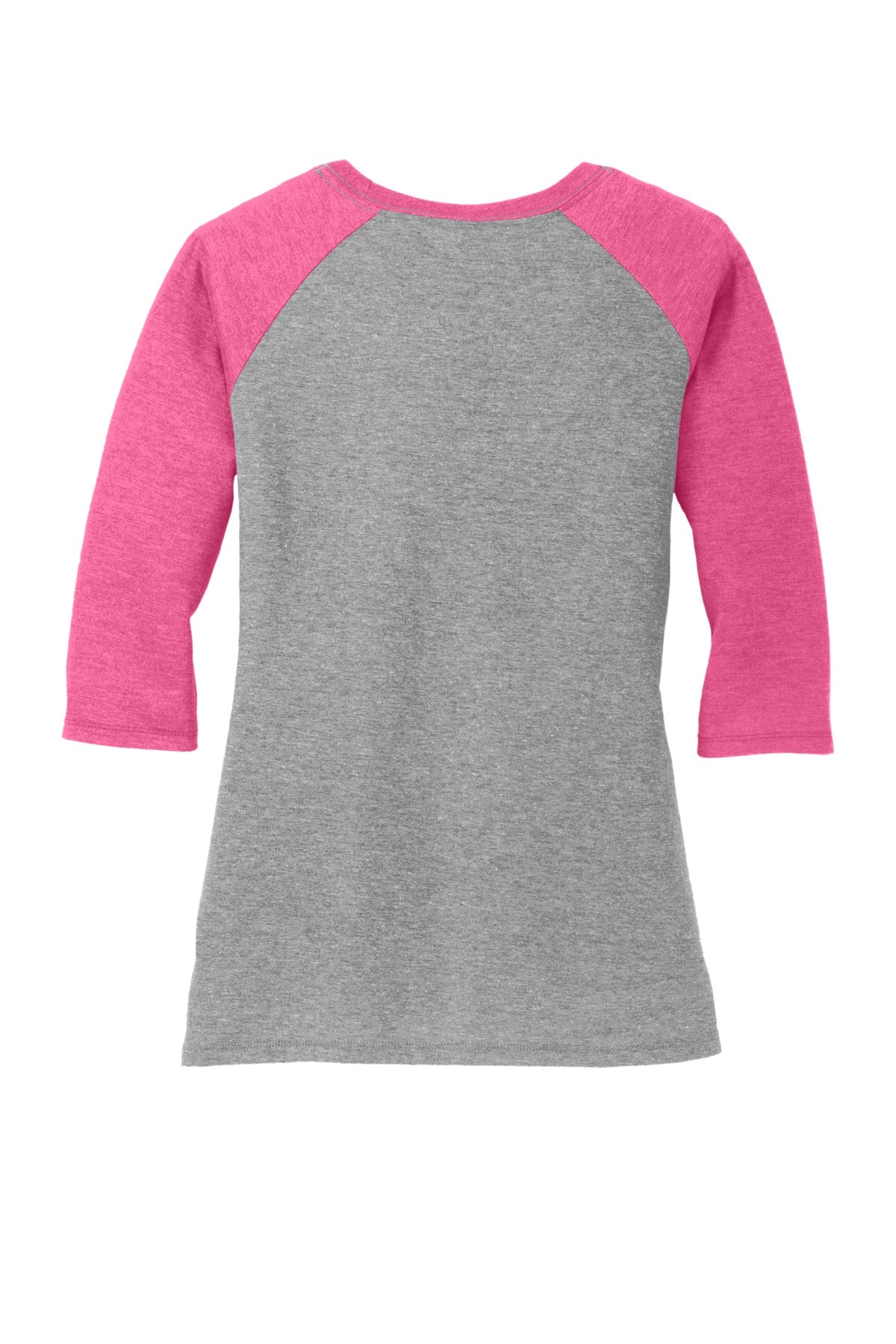 Rear View of Fuchsia Fr/GyF District Women's Perfect Tri 3/4-Sleeve Raglan. DM136L