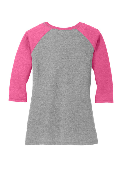 Rear View of Fuchsia Fr/GyF District Women's Perfect Tri 3/4-Sleeve Raglan. DM136L