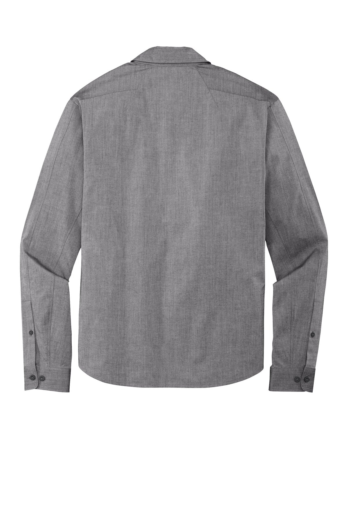 Rear View of Gear Grey Hthr OGIO Commuter Woven Shirt. OG1002