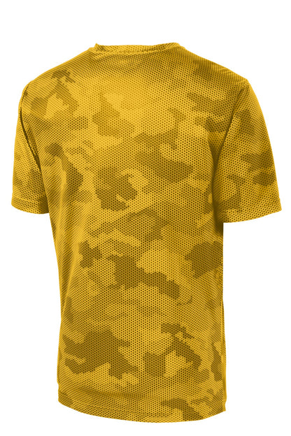 Rear View of Gold Sport-Tek CamoHex Tee. ST370