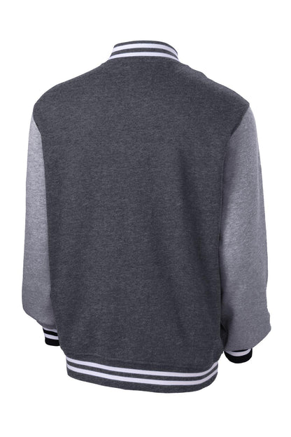Rear View of Graph He/VntHe Sport-Tek Fleece Letterman Jacket. ST270