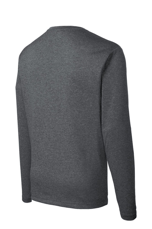 Rear View of Graphite Hthr Sport-Tek Long Sleeve Heather Contender Tee. ST360LS