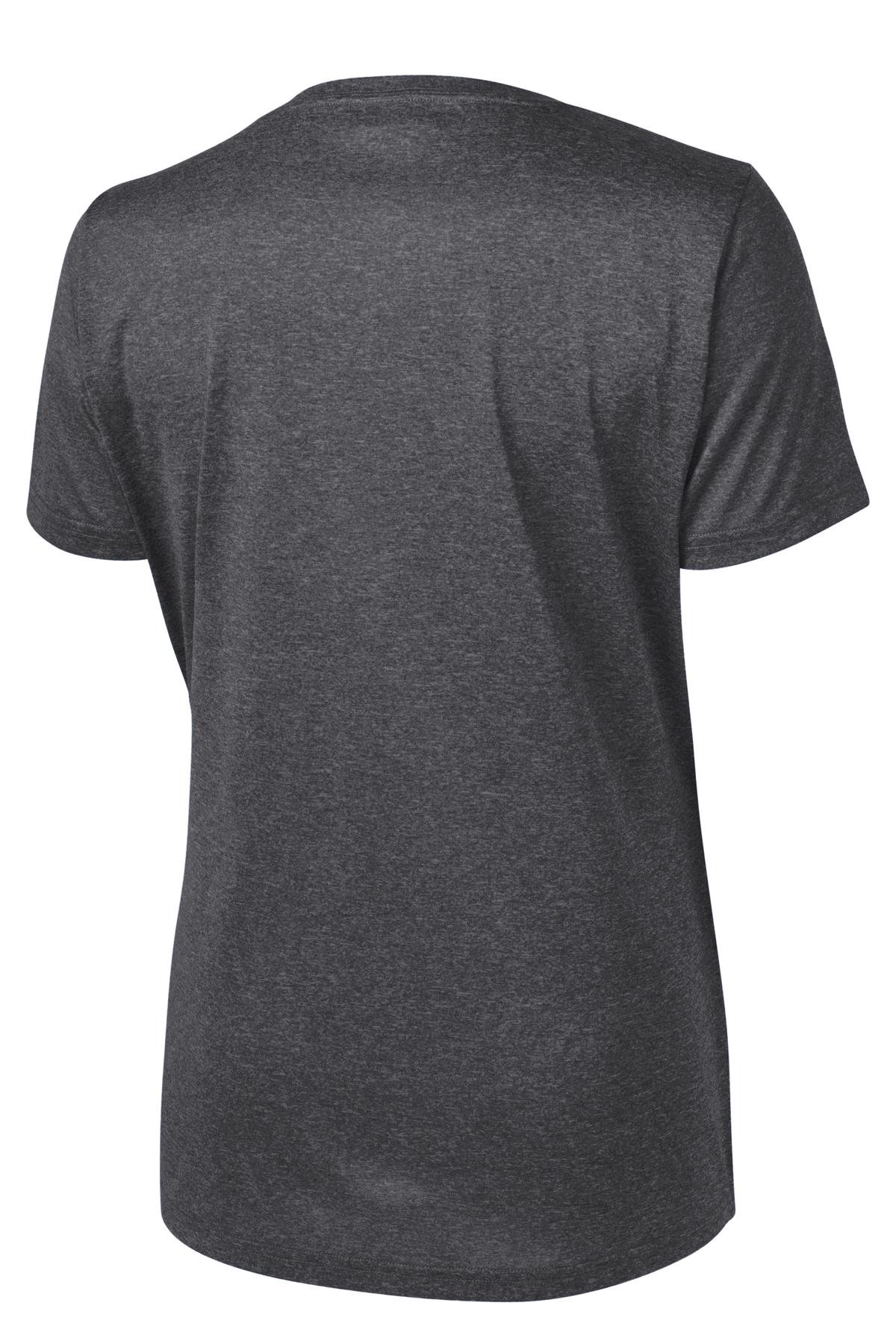 Rear View of Graphite Hthr Sport-Tek Women's Heather Contender Scoop Neck Tee. LST360