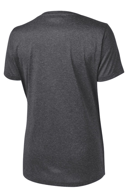 Rear View of Graphite Hthr Sport-Tek Women's Heather Contender Scoop Neck Tee. LST360