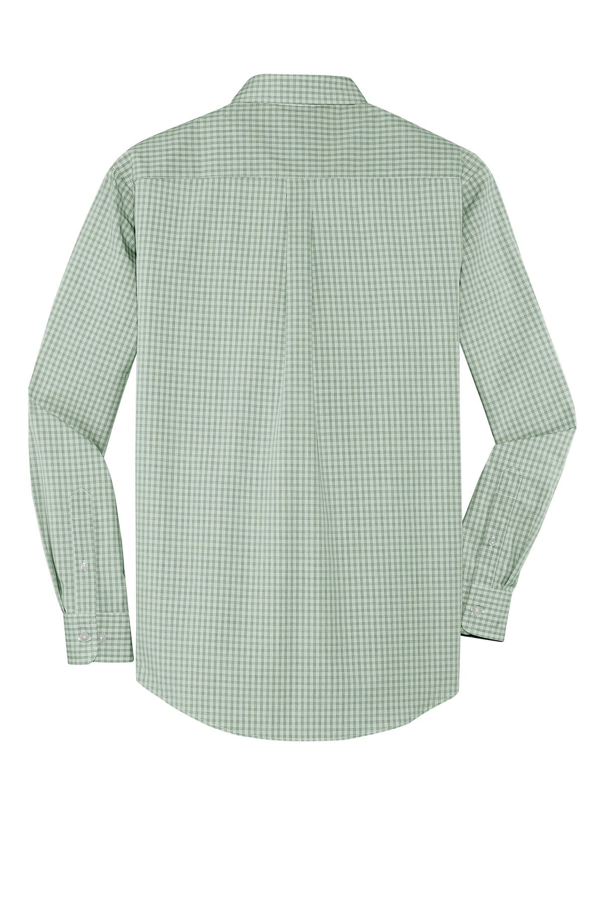 Rear View of Green Port Authority Plaid Pattern Easy Care Shirt. S639