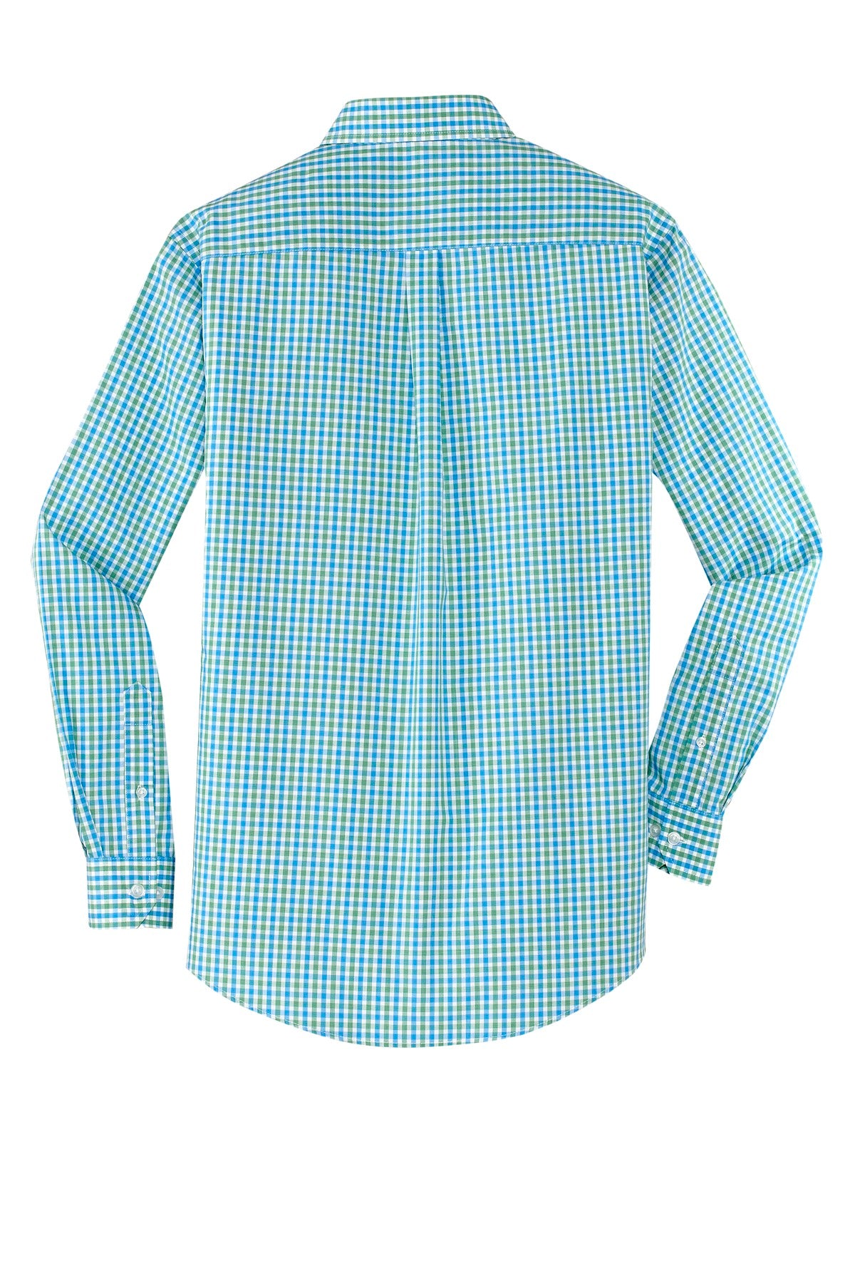 Rear View of Green/Aqua Port Authority Long Sleeve Gingham Easy Care Shirt. S654